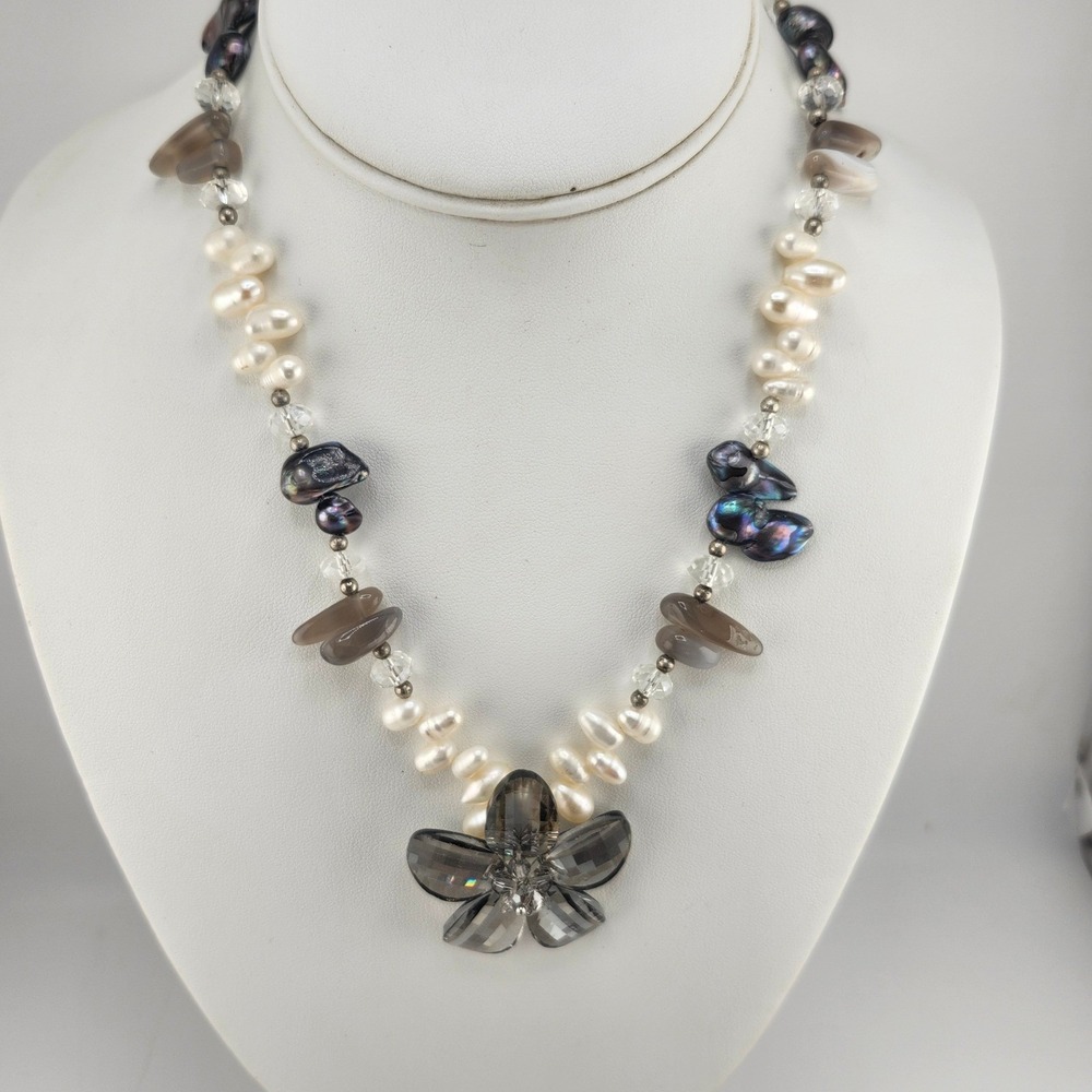 Freshwater Pearl Necklace Gray Flower Crystal Stone Beaded Jewelry‎